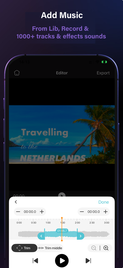 Flipagṙam - A mobile video editor interface showing music selection and audio trimming tools for a travel vlog project.