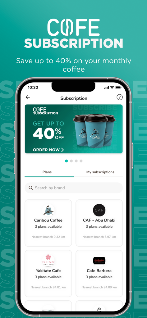 Interfaz de la aplicación COFE que muestra varios planes de suscripción de café y marcas en una pantalla de móvil.