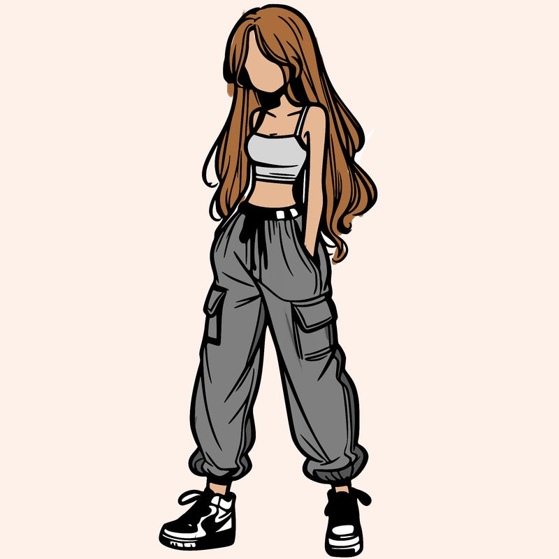 girl in baggy pants crop top and long hair