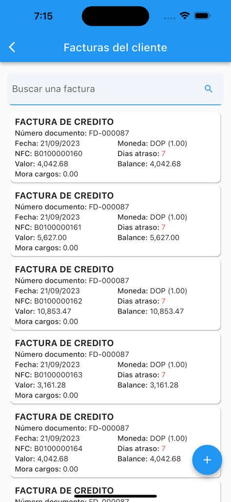 Watersoft Fact App - Mobile interface showing a list of customer credit invoices with search functionality and document details
