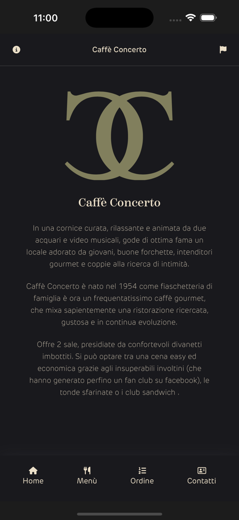 カッフェ・コンチェルトモバイルアプリのホーム画面。レストランのロゴとグルメダイニング体験の説明が表示されています。