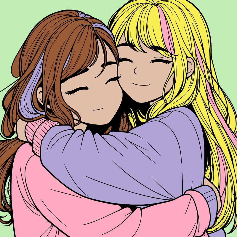 realistic two girls hugging