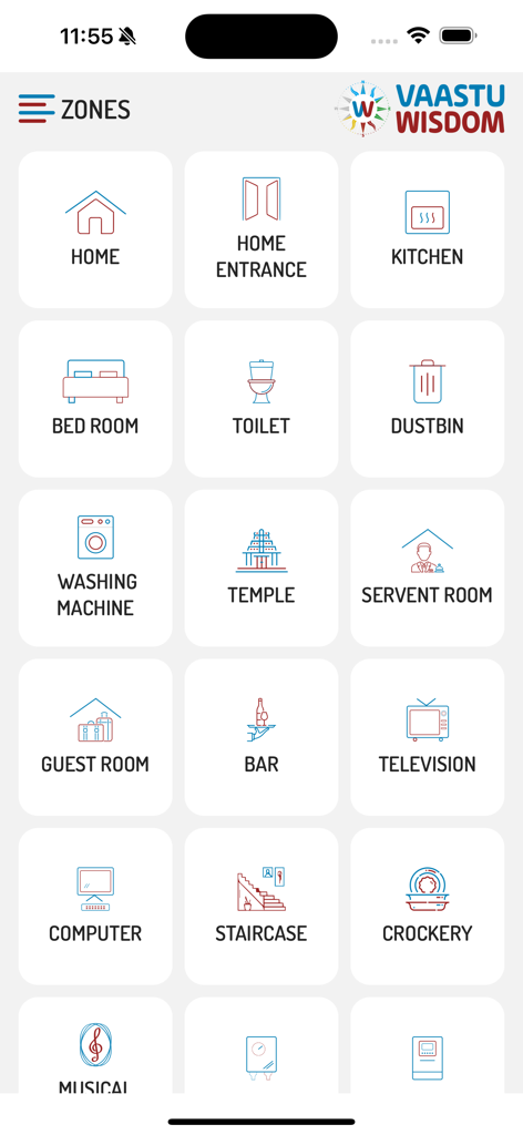 Vaastu Wisdom in ENG/GUJ/HINDI - Vaastu Wisdomアプリの選択画面。Vastu分析のためにキッチン、寝室、寺院などのさまざまなホームゾーンが表示されます。