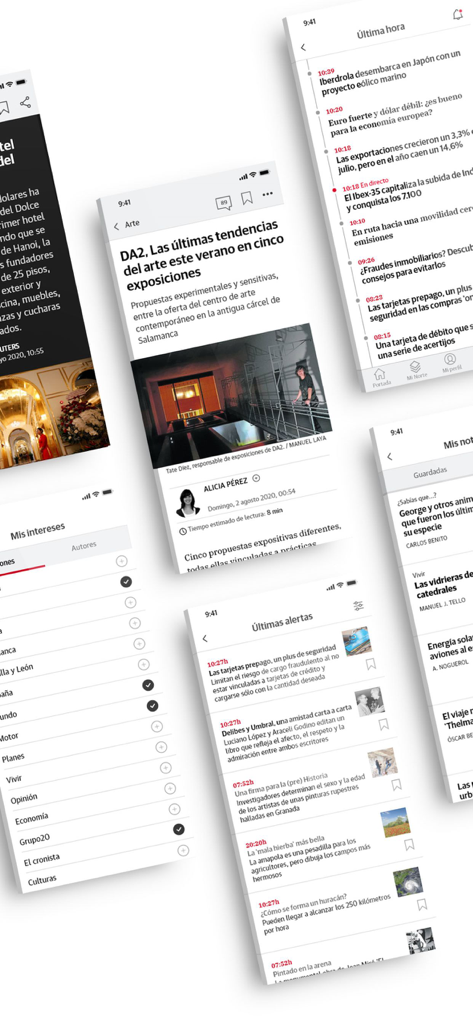 Salamancahoy - Multiple interface screens of the Salamancahoy news app showing latest headlines alerts and personalized content categories