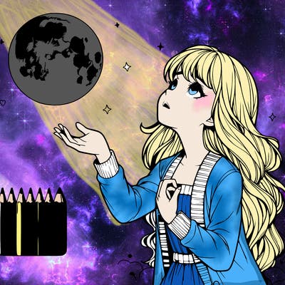 realistic girl looking up at the moon reaching her hand out