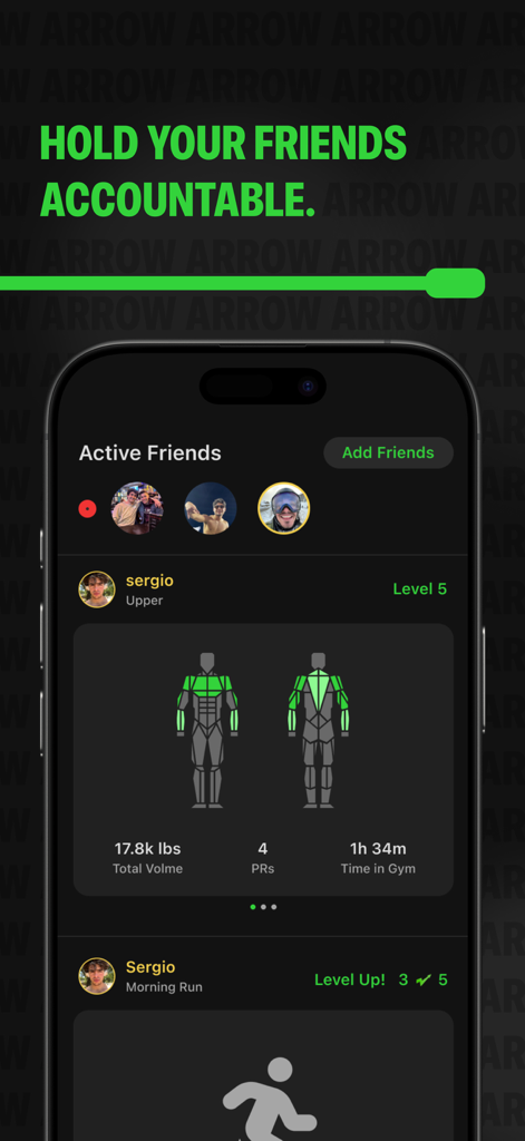 Arrow: Social Fitness Network - Arrow social fitness app screen showing active friends workout levels and muscle group statistics