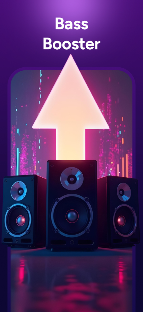 Volume Booster Bass Booster - Potenziatore di bassi con altoparlanti al neon e una freccia luminosa verso l'alto.