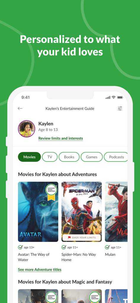 Common Sense Media app displaying a personalized entertainment guide with movie recommendations and age ratings for a child profile.