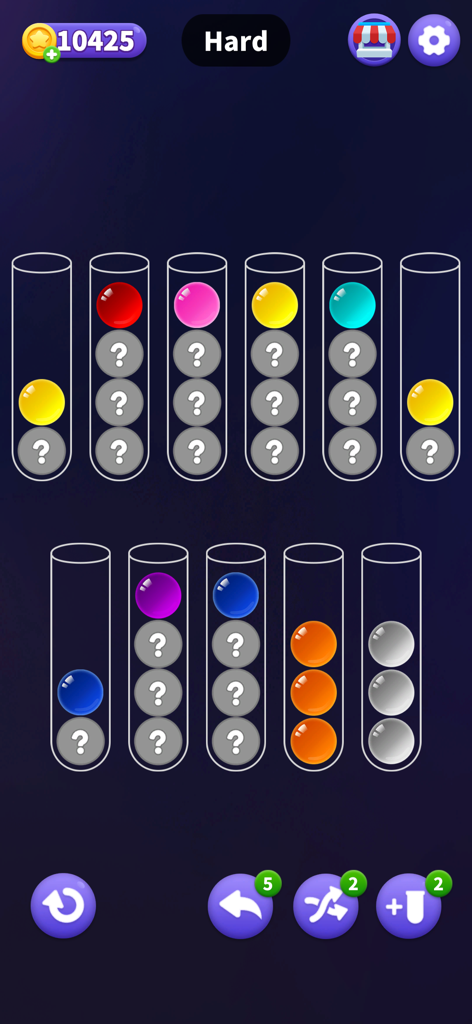 Color Ball Sort - Puzzle Games - Una pantalla de juego de puzzle de lógica que muestra bolas de colores y bolas con signo de interrogación oculto en tubos de cristal para clasificar