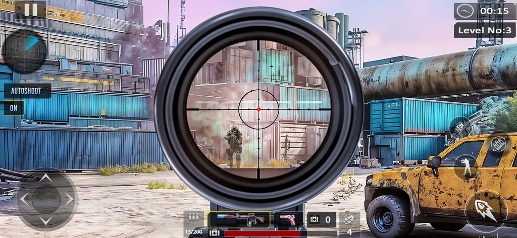 FPS Fire: Battle Royale Games - Vista en primera persona a través de la mira de un francotirador apuntando a un soldado enemigo en una zona de batalla industrial.