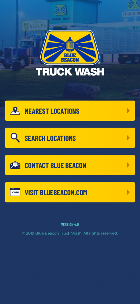 The home screen of the Blue Beacon Truck Wash app featuring a main menu with options for nearest locations search and contact info