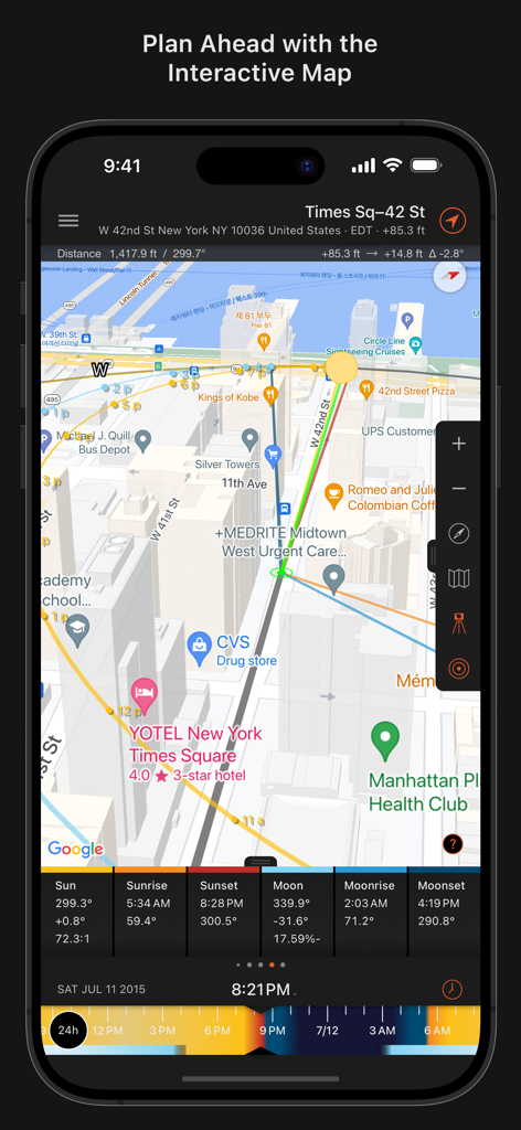 Sun Surveyor (Sun & Moon) - Interactive map in Sun Surveyor app showing sun and moon paths in New York