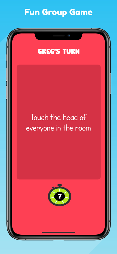 7 Second Challenge: Party Game - A smartphone showing a party game challenge that says touch the head of everyone in the room with a 7 second timer