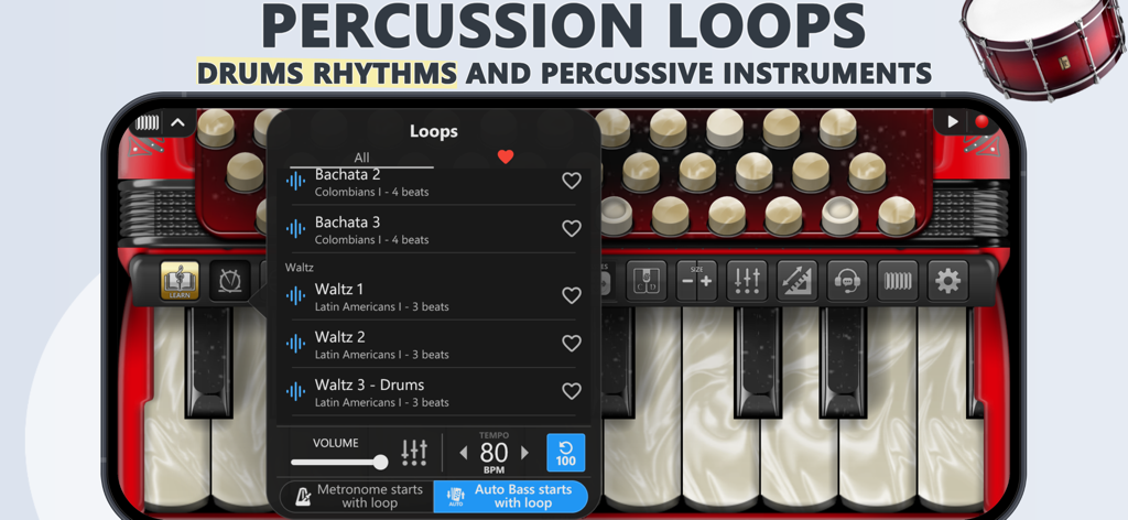 Accordion Piano Cassoto - Interfaz de acordeón digital que muestra un menú de selección de loops de percusión como Bachata y Vals.