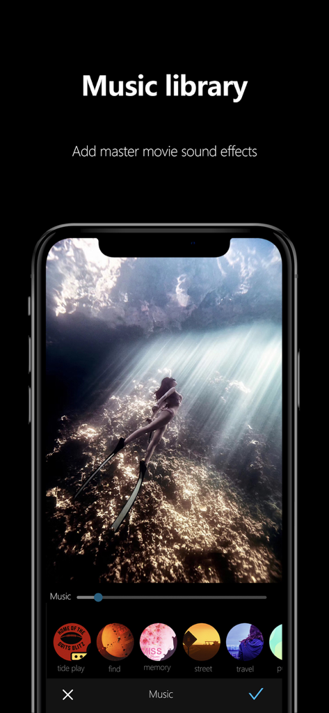 AKASO GO - Interfaz de la aplicación AKASO GO mostrando la biblioteca de música para añadir efectos de sonido a un video de acción