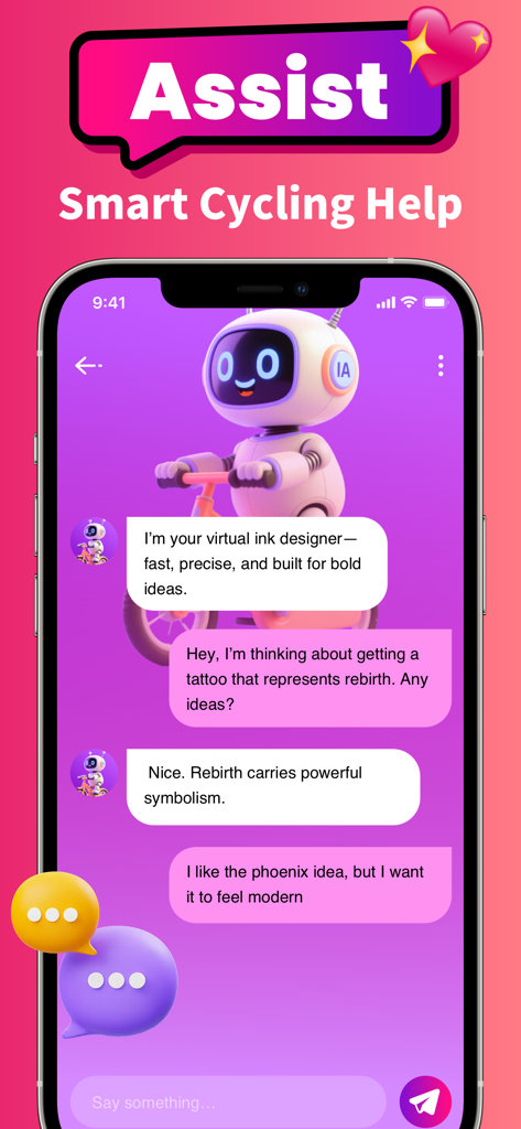 Peaclub：Connect & 1v1 Chat - Peaclub app interface showing a smart cycling AI assistant chatbot for help and advice.