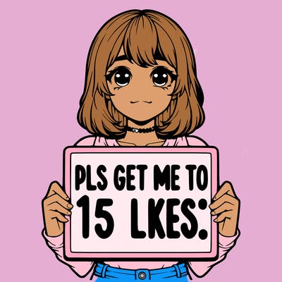 realistic girl holding up a sign that says “pls get me to 15 likes!”