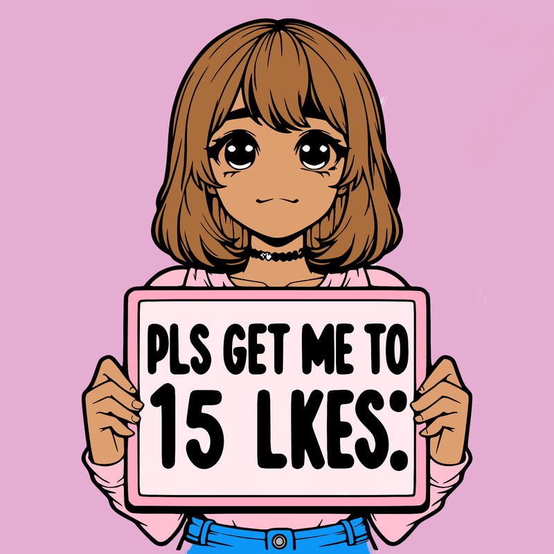 realistic girl holding up a sign that says “pls get me to 15 likes!”