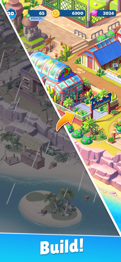 Screenshot showing a beach area transformation into a vibrant arboretum in Tasty Travels Merge Game