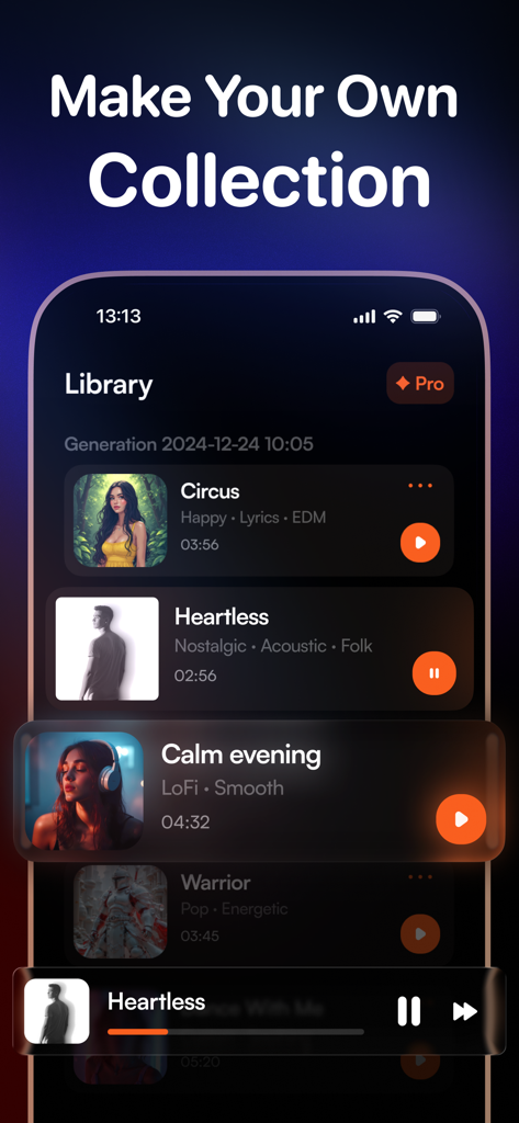 TuneCraft. AI Song Generator - Interface of TuneCraft app showing a personal collection of AI generated songs in the music library