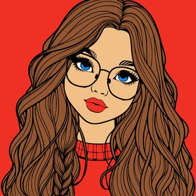 girl with long hair and freckles and glasses realistic