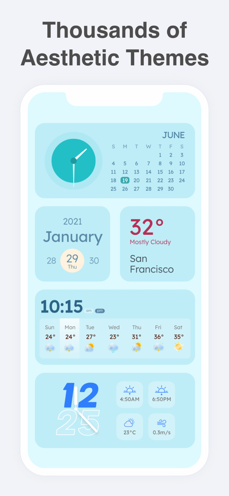 Wallpapers & Icons: Widgethub - Tela inicial do iPhone com widgets estéticos azul claro para hora e calendário