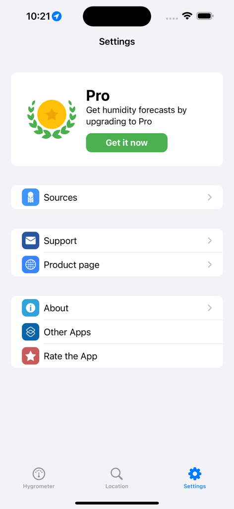 Hygrometer - Air humidity - Settings screen of the Hygrometer app featuring a Pro upgrade banner and various menu options