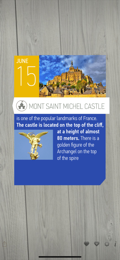 Screenshot of the 365 Wonders of the World app displaying facts about Mont Saint Michel Castle in France