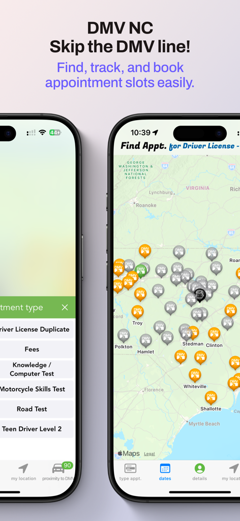 Capturas de pantalla de la aplicación Cita DMV NC que muestran un mapa de ubicaciones del DMV de Carolina del Norte y una lista de tipos de citas como exámenes de manejo y renovaciones de licencias.