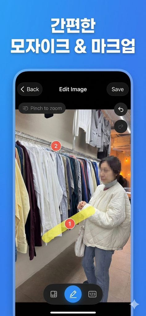 Moza Editor - Interfaz de la aplicación Moza Editor que muestra difuminado en mosaico y herramientas de anotación de fotos en un smartphone