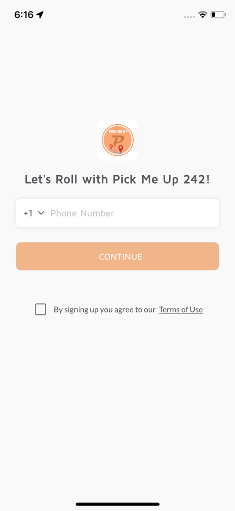 Pick me up 242 mobile app login screen with phone number input and continue button