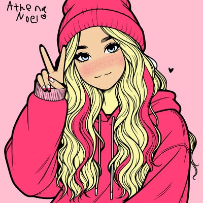 a teenage girl in a beanie, oversized sweatshirt, wavy long hair, and is showing a ✌️