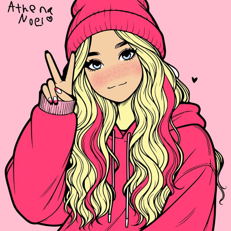 a teenage girl in a beanie, oversized sweatshirt, wavy long hair, and is showing a ✌️
