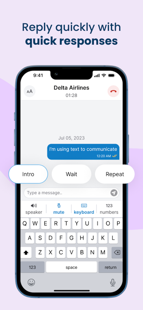 Nagish: Caption Your Calls - Nagish app interface showing quick response buttons for text communication during a phone call.
