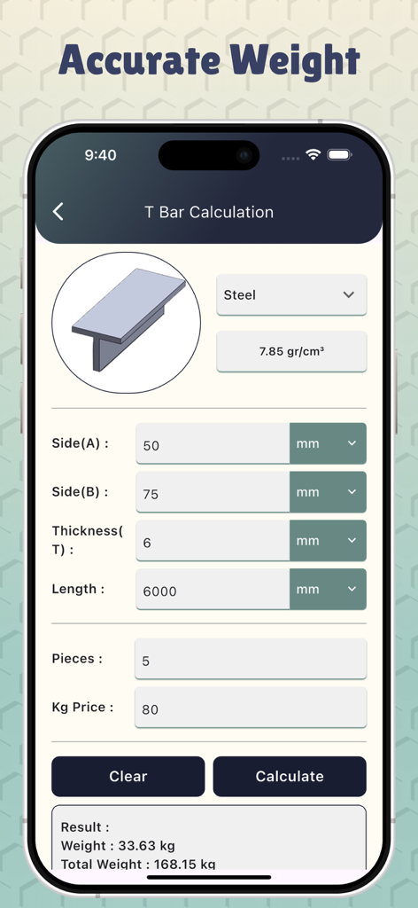 Metal Weight Calculators - Interface of the Metal Weight Calculator app showing a T bar steel weight calculation with dimensions and density inputs.