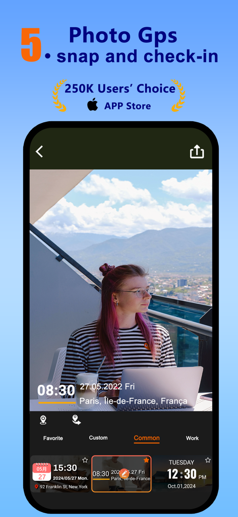 Smartphone screen showing a travel photo with integrated GPS location and timestamp watermark.