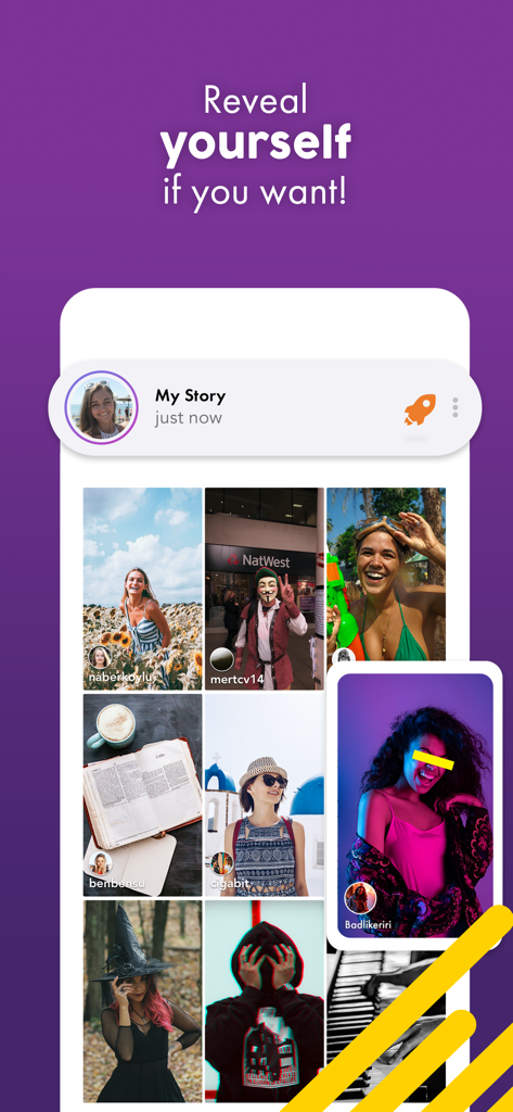 A screenshot of the Connected2me app showing the user stories interface with the text Reveal yourself if you want