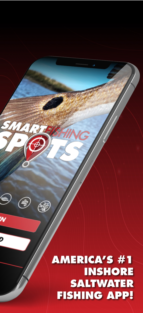 Salt Strong Smart Spots - Smartphone screen showing the Salt Strong Smart Fishing Spots app interface featuring a redfish and the text America's number one inshore saltwater fishing app.