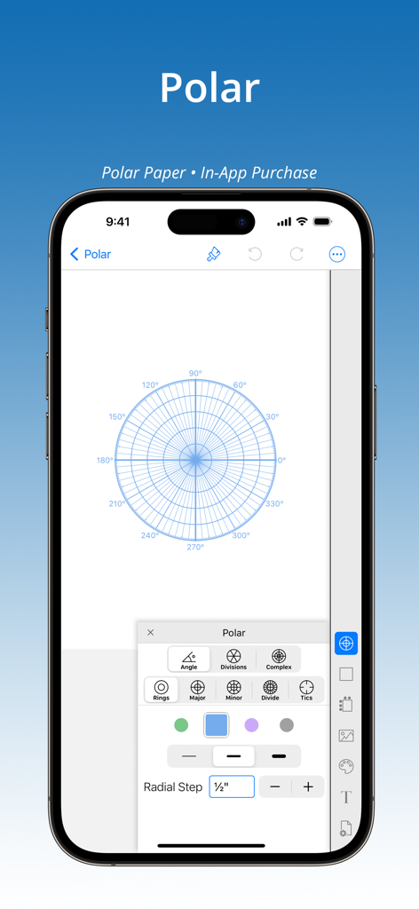 GridMaker - Interfaz de la aplicación GridMaker en iPhone que muestra ajustes de cuadrícula polar personalizados y pasos radiales.