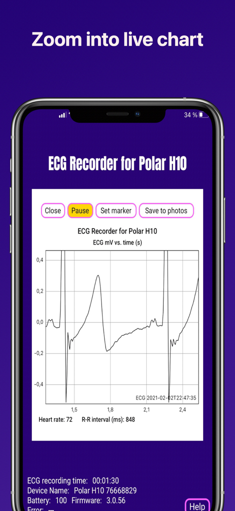 ECG Recorder for Polar H10 - Detailed zoomed in view of a live ECG waveform on the Polar H10 recorder app showing millivolts over time and heart rate data