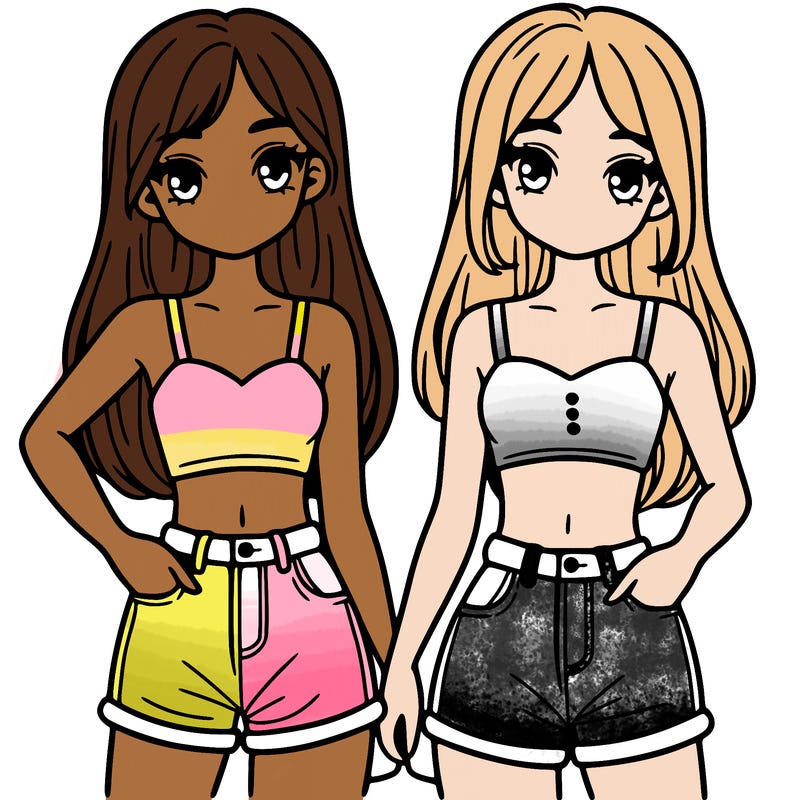 two sisters with crop tops and jean shorts and straight hair