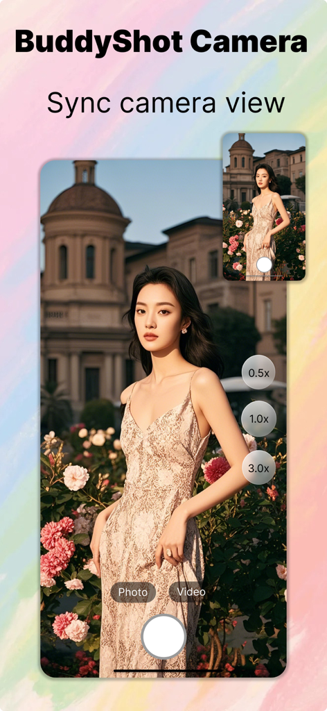 Interfaz de la función BuddyShot de CamFusion que muestra vistas de cámara sincronizadas entre dos dispositivos para fotografía remota