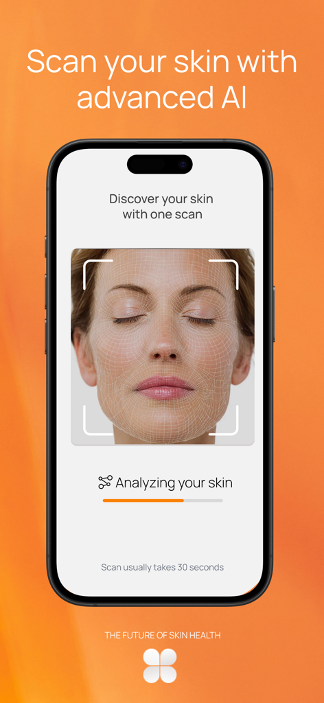 Bloom Skin - AI Skin Scanner - Interfaz de la aplicación Bloom Skin realizando un escaneo avanzado de la piel con IA para análisis facial.