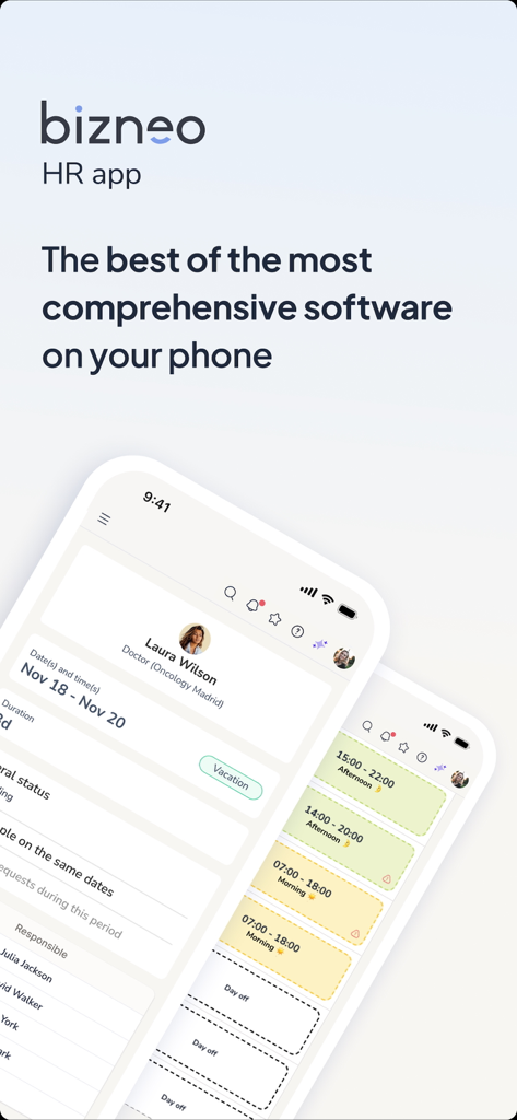 BizneoHR - 従業員の休暇申請と勤務シフトスケジュールを表示するBizneo HRモバイルアプリのインターフェース