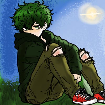 a male hoddie ripped jeans messy hair anime