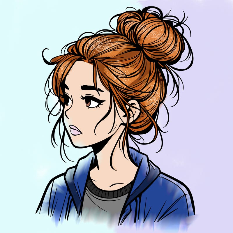 realistic teenage girl with a messy bun