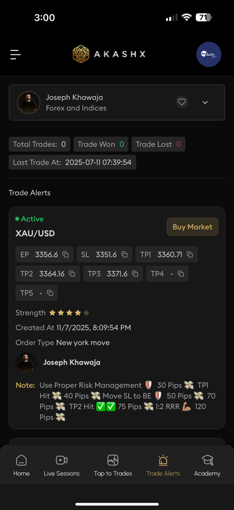 Akashx mobile app interface showing real-time trade alerts for XAU USD with entry and exit points
