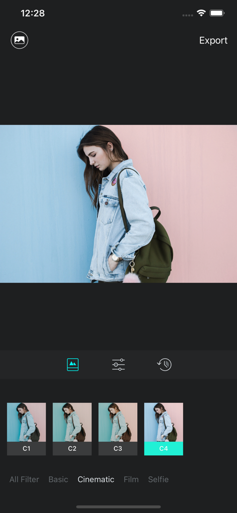 Luca - Photo Editor & Filters - Interface de edição de fotos Luca exibindo opções de filtro cinematográfico para um retrato de estilo de vida