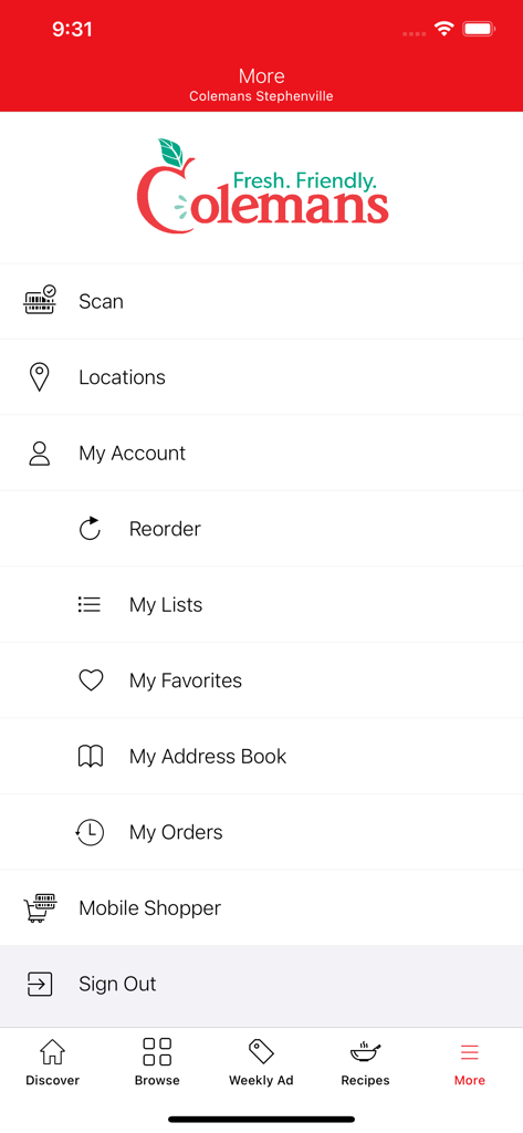 Colemans - Colemans grocery app screen showing account settings and shopping features.