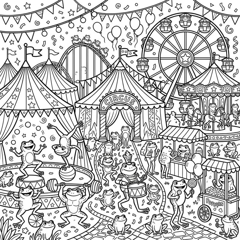 Discover a delightful carnival scene where playful frogs are the stars of the show, enjoying every thrilling attraction. This intricate coloring page invites you to bring a vibrant world of amphibian celebration to life with your artistic touch.